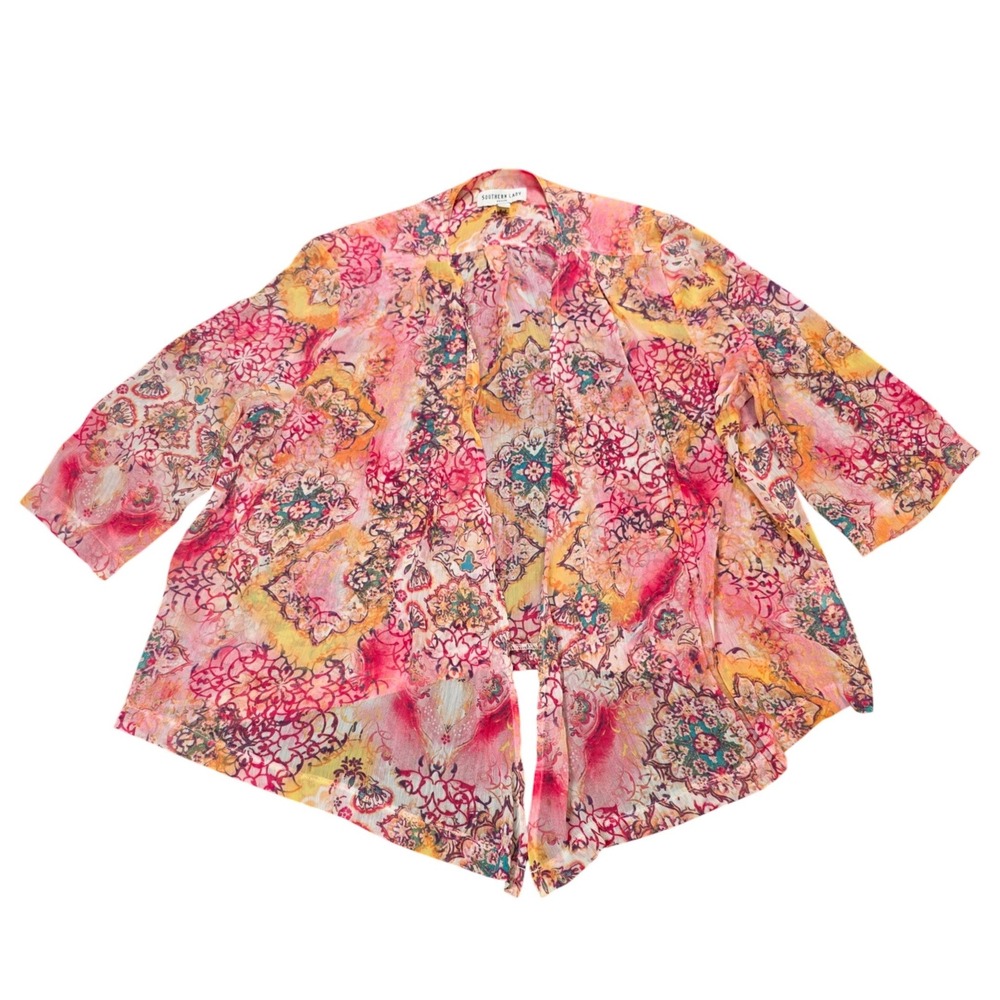 Southern Lady Kaleidoscope Open Cardigan Women's Size PXL Pink Orange Draped